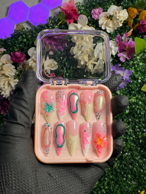 Turquoise Floral Press On Nails