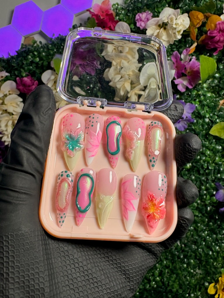 Turquoise Floral Press On Nails