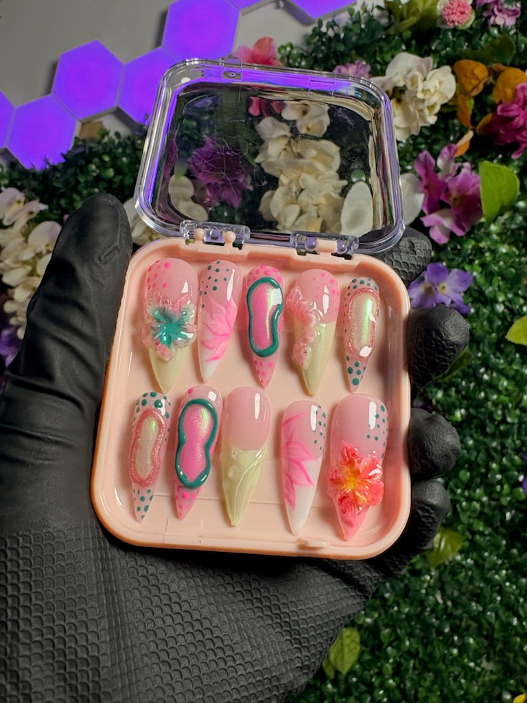 Turquoise Floral Press On Nails